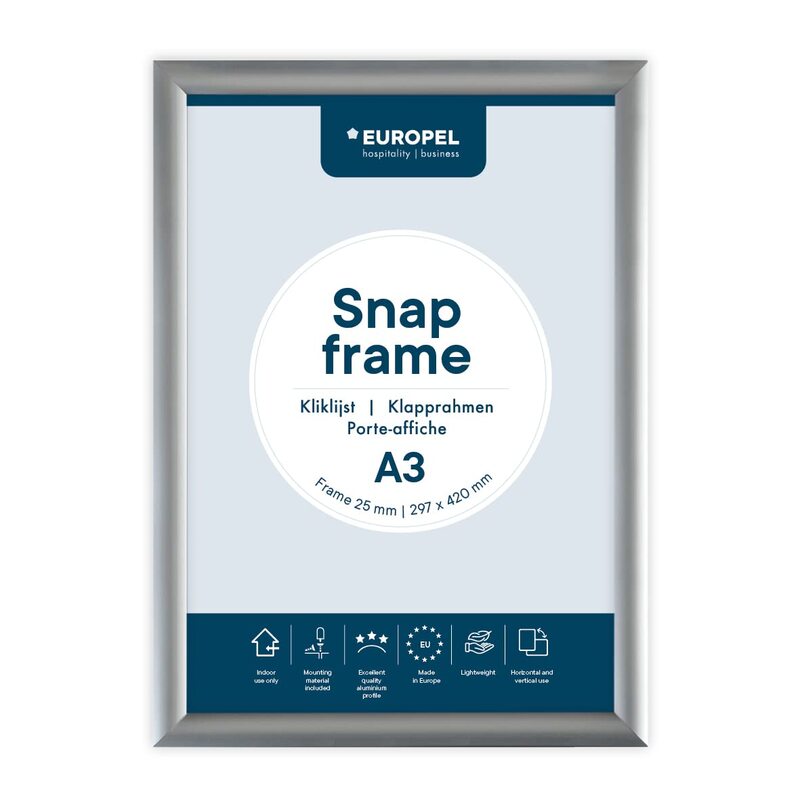 EUROPEL Snap Frame A3, 25 mm  Aluminium Anodised Construction & Anti-Glare Cover  Clip Poster Holders for Retail & Advertising Displays Notice Sign Board Frame for Walls