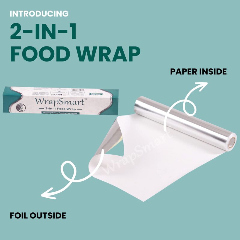 WrapSmart 2 in 1 Food Wrap  Aluminium Foil Plus Butter Paper  Foil Paper for Kitchen Food Wrap Food Parcel  Fresh Food  Moisture Balancing  Heat Locking 20 metre x 11.5 inches