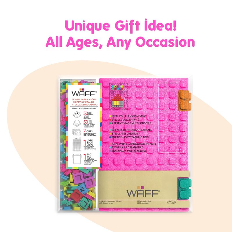 Waff Personalized Notebook, 100 Lego Cubes, 190 Lined Pages, Large A5, Glitter Pink