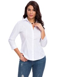 Womens Button Down Shirts Official Formal 3/4 Sleeve White Stretch Blouse Summer Dress Shirt, White, XL