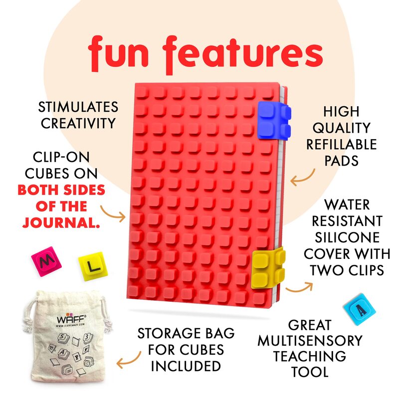 Waff Personalized Journal Notebook, 100 Lego Cubes, 190 Sheets, Large A5, Red