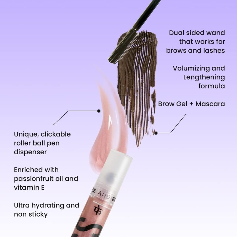 FAE Beauty Brash Mascara Brow Gel & Gloss Combo Dual Dark Brown Brow Gel + Mascara and Hydrating, Non Sticky Rose Gold Gloss Unique Clickable Roller Ball Pen For All Skin Tones