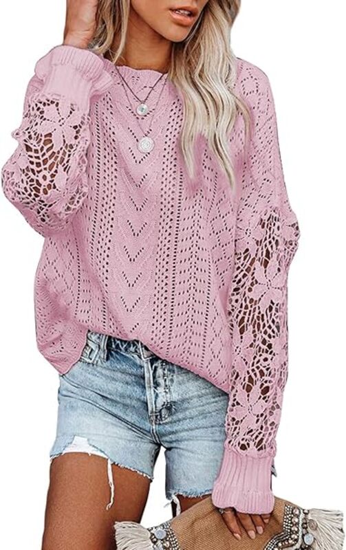 AlvaQ Women Lace Crochet Long Sleeve Crewneck Sweaters Winter Knit Pullover Jumper Tops, A Pink, S