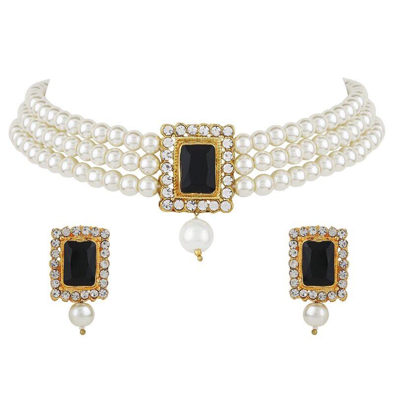 

Shining Diva Fashion Latest Stylish Choker Traditional Pearl Necklace Jewellery Set for Women (Black)(A12683s), One, One, Metal, No Gemstone
