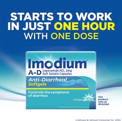 Imodium A-D Anti-Diarrheal Medicine Softgels with 2 mg Loperamide Hydrochloride per Capsule, Diarrhea Relief to Help Control Symptoms Due to Acute, Active & Traveler's Diarrhea, 24 ct.