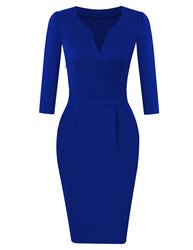 MISSKY Women's V-Neck Work Business Bodycon Pencil Dress, Royal Blue, L