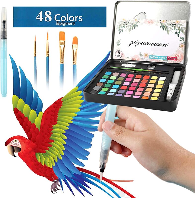 INFINTIY 48 Watercolor Painting Set includes paint brushes, a water tank brush, watercolor sketchbook along with color mixing tray and a gift box drawing kit for Kids, Artists and Beginners