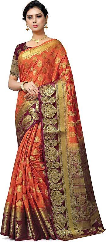 

Neeah Women's Banarasi Art Silk Saree with Unstitched Blouse Piece, Orange