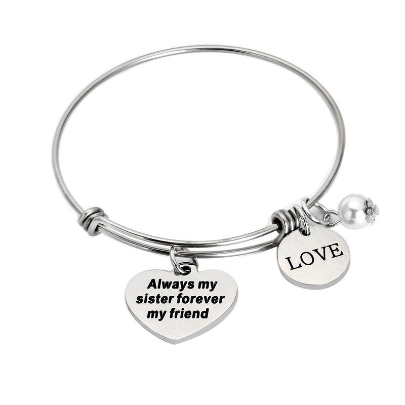 YeeQin Always My Sister Forever My Friend Love Bangle Bracelet, with Pearl Charms, Silver