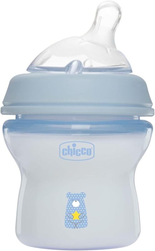 Chicco Natural Feeling Anti-Colic Bottle 0 Months + 150 ml, Baby Bottle with Teat in Soft and Flexible Silicone, Suitable for Mixed Breastfeeding, Slow Flow, Light Blue