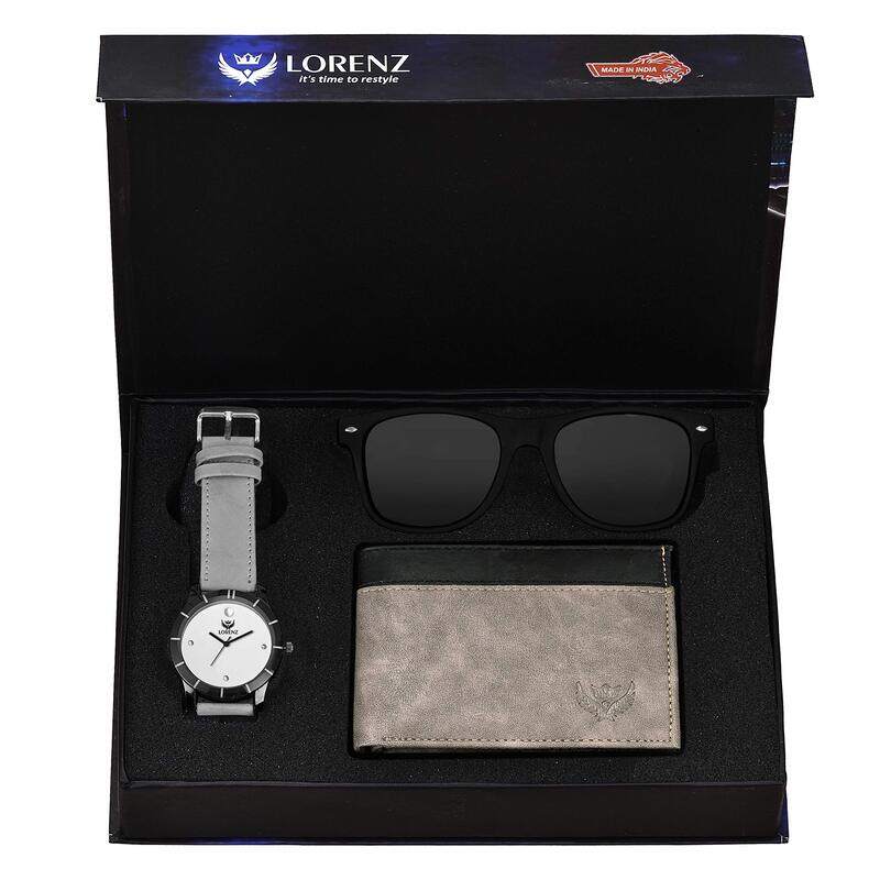 

LORENZ Gift Box Combo of Men's Grey Dial Analog Watch, Grey Wallet & Black Wayfarer Sunglasses, CM-3034SN1-WL-25, black, strap