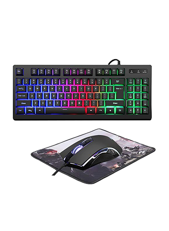 Wired Compact Rainbow Gaming Keyboard and Colourful Mouse Set with Backlight, Black