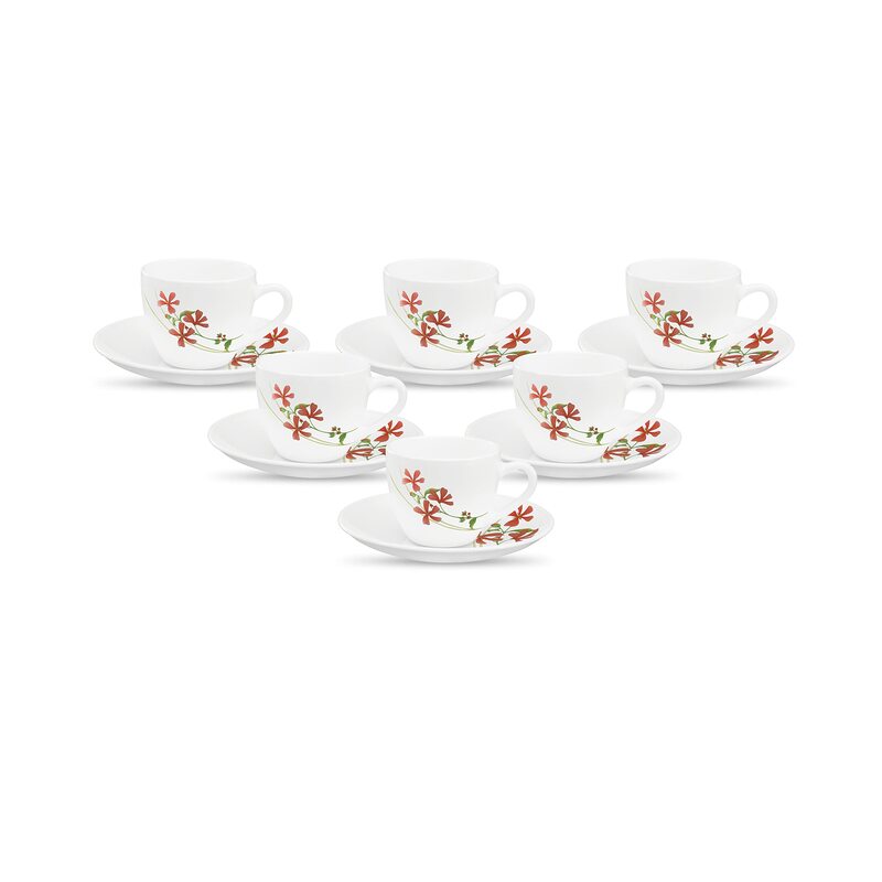 La Opala Opalware Cup and Saucer Set - 6 Pieces of Cup and 6 Pieces of Saucer (Coral Charm)