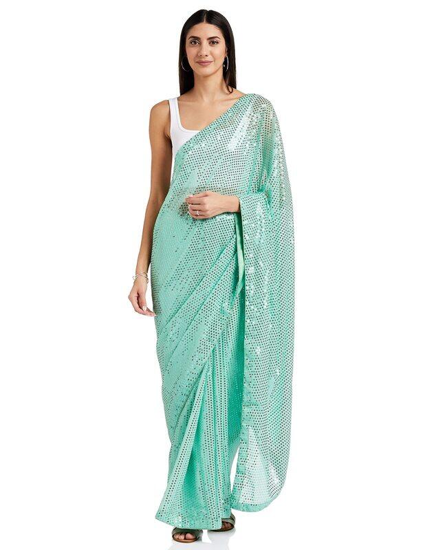 

Florely Women's Sequins Pure Georgette Saree with Blouse Piece, Green/White