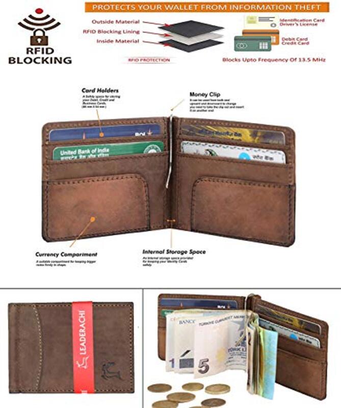 Leaderachi Genuine Hunter Leather RFID Blocking Moneyclip Wallet Set for Men, Brown