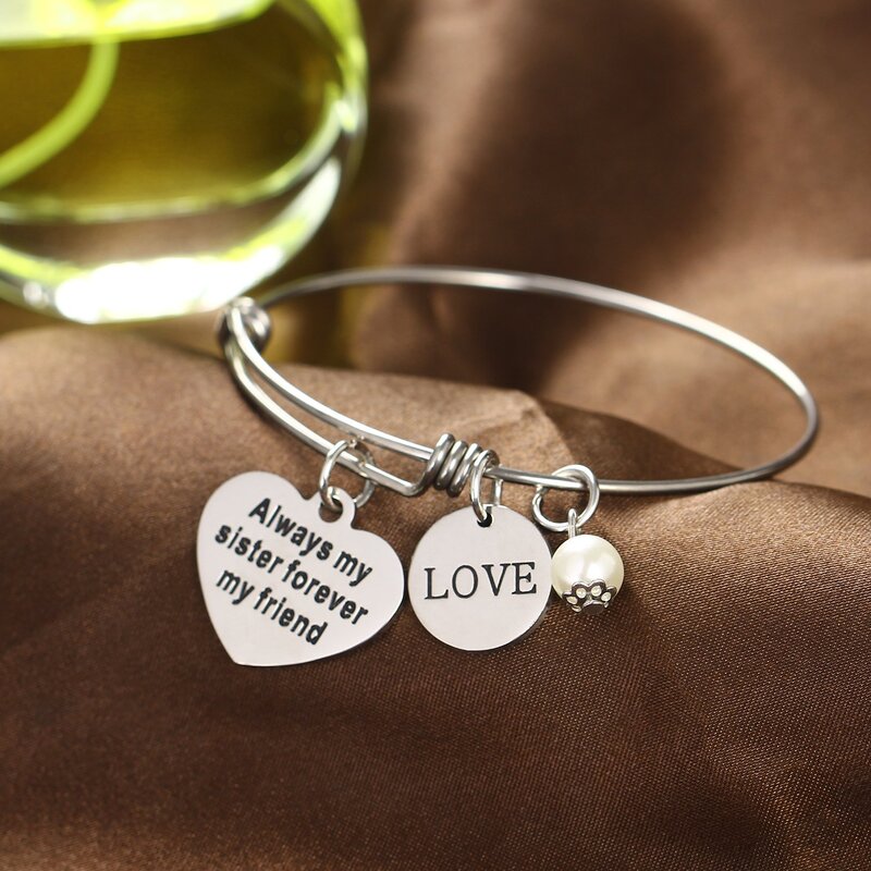 YeeQin Always My Sister Forever My Friend Love Bangle Bracelet, with Pearl Charms, Silver