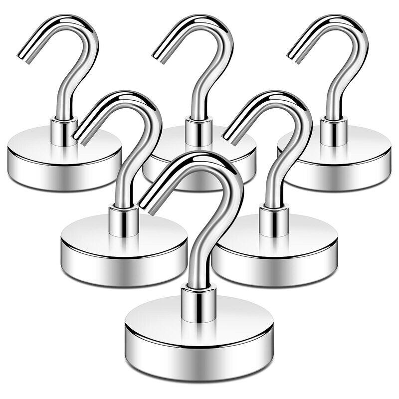 

DIYMAG Magnetic Hooks Heavy Duty, 80 LBS Neodymium Magnet Hooks for Home, Kitchen, Workplace, Office, Garage and Indoor Hanging, Silver, Pack of 6