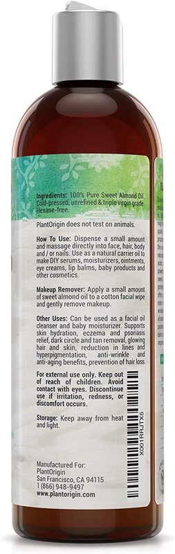 Plantorigin Radiant Skin & Hair Growth Sweet Almond Oil for All Hair Types, 16 oz