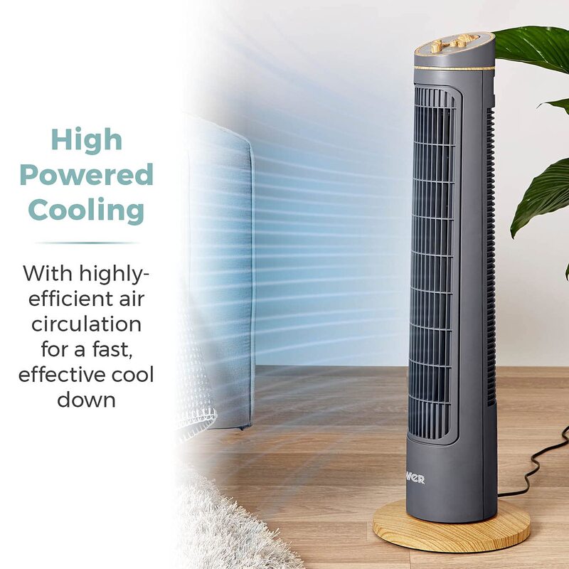Tower T628001 Scandi Tower Fan with 2-Hour Timer, 3 Speeds, Automatic Oscillation, 29", 45W, Grey and Wood Effect