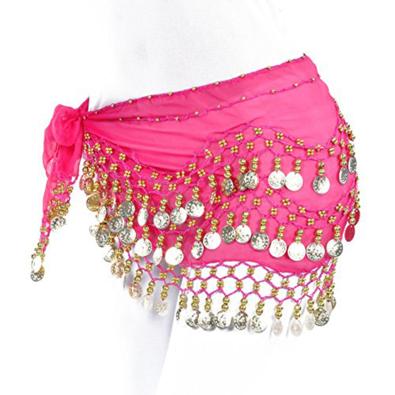 Lilyy Chiffon Dangling Gold Coins Belly Dance Hip Skirt Scarf, Pink