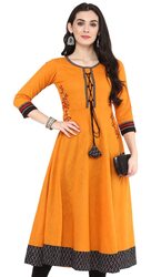 Yash Gallery Women's Cotton Slub Embroidered Anarkali Kurta for Women (Yellow, XL)