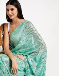 Florely Women's Sequins Pure Georgette Saree with Blouse Piece, Green/White