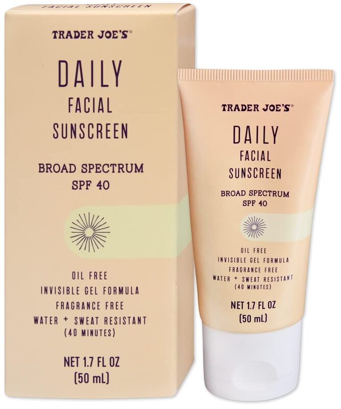 

Tj's Trader Joee s Daily Facial Sunscreen Broad Spectrum SPF 40 Oil Free Invisible Gel Formula Fragrance Free Water Sweat Resistant, 1.70 Fl Oz (Pack of 1)