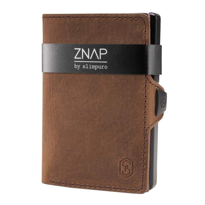 

Slimpuro ZNAP Credit Card Holder with Money Clip - Aluminium Wallet with Coin Case - RFID Blocking - Slim Wallet Brown Vintage - Up to 4-8 Cards - Mens Card Wa