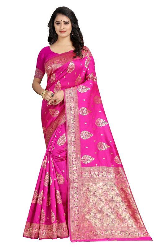 

Sugathari Women's Art Silk Rani Pink Kanchipuram Saree (SAN ENGLE 3 RANI), Rani Pink, One Size