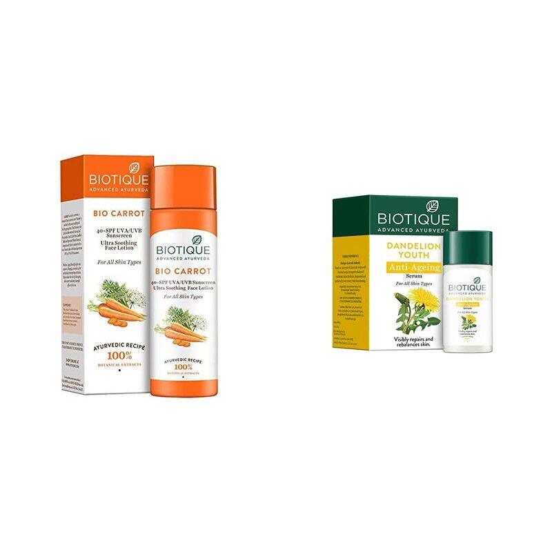 

Biotique Bio Carrot Face & Body Sun Lotion SPF 40 UCA/UVB Sunscreen & Bio Dandelion Visibly Ageless Serum, 2 Pieces