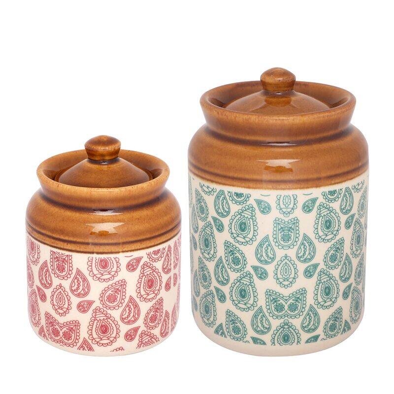 

Ek Do Dhai Paisley Ceramics Storage Jars with Lid, Big Canister Porcelain Dry Food Container Round White Kitchen Countertop Pantry, for storing Biscui