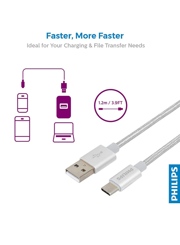 Philips 1.2-Meters Braided Cable, USB Type-A Male to USB Type-C, DLC2528N/97, Silver