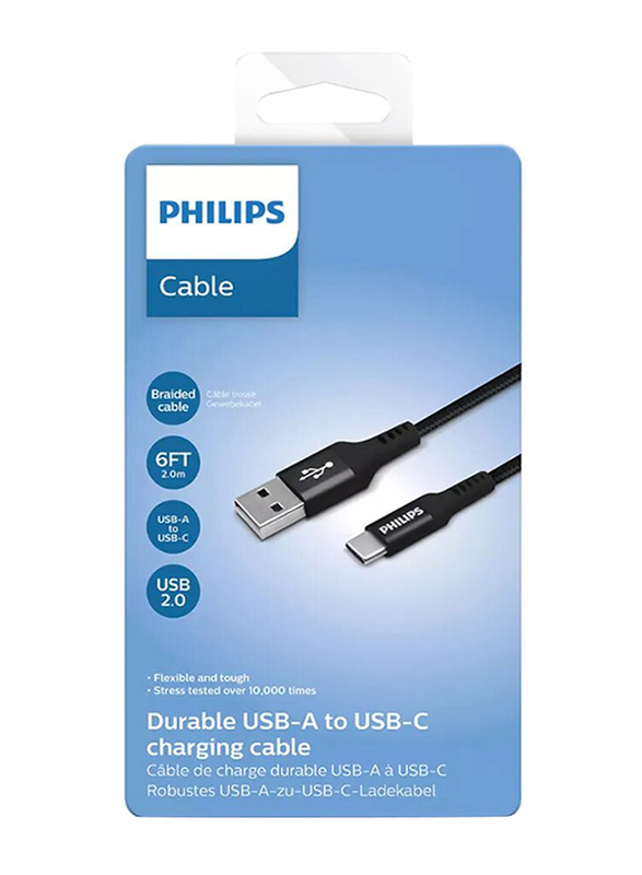Philips 2-Meter Type-C Braided Cable, USB Type A to USB Type-C Braided Cable, Black