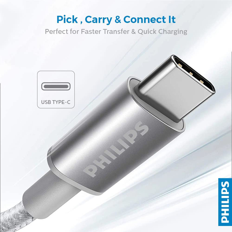 Philips 1.2-Meters Braided Cable, USB Type-A Male to USB Type-C, DLC2528N/97, Silver