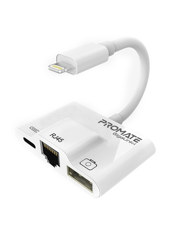 Promate GigaLink-I Lightning Hub, 3-in-1 RJ45 Ethernet LAN Wired Network Adapter, USB OTG Camera Adapter Kit, 2A Pass-Through Charging, Syncing Adapter for Apple iPhone XS Plus/iPad/iPad Pro, White