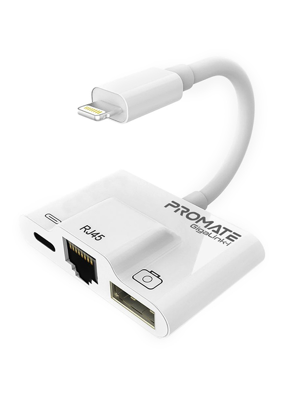 Promate GigaLink-I Lightning Hub, 3-in-1 RJ45 Ethernet LAN Wired Network Adapter, USB OTG Camera Adapter Kit, 2A Pass-Through Charging, Syncing Adapter for Apple iPhone XS Plus/iPad/iPad Pro, White