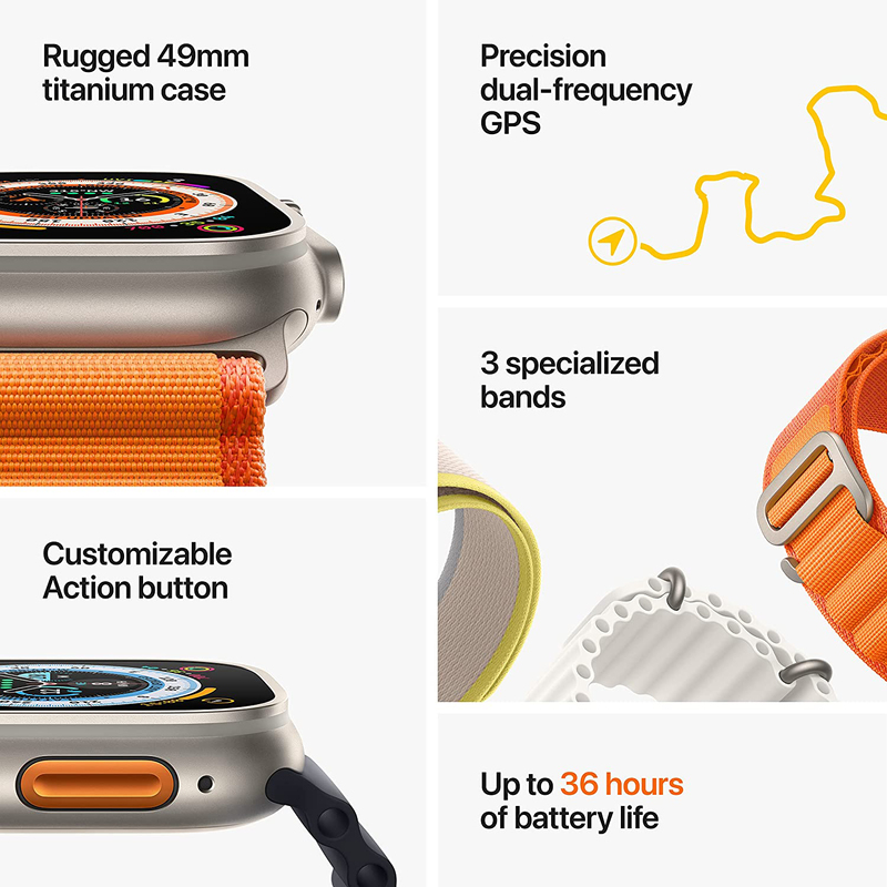 Apple Watch Ultra 49mm Smartwatch, GPS + Cellular, Titanium Case With Orange Ocean Band