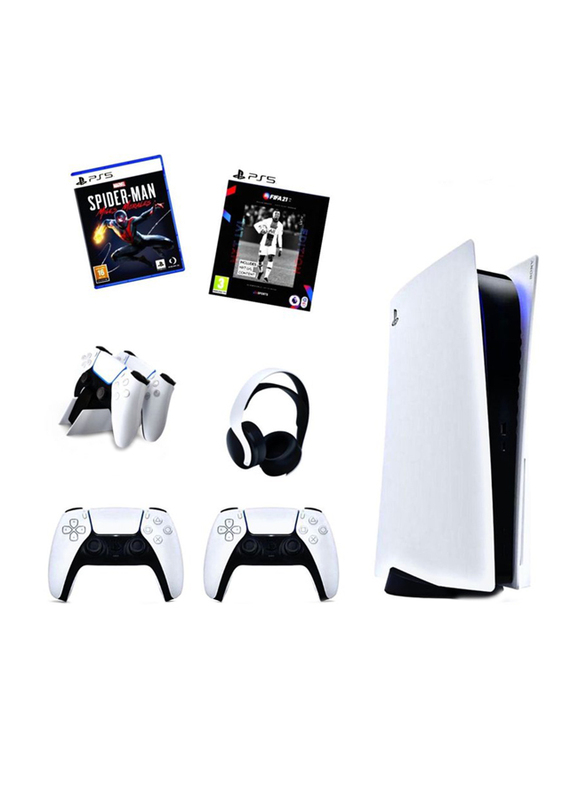 Sony PlayStation 5 Console With Extra Controller, Headset, Dualsense Charger, 2 Games, (Fifa 21 English + Spiderman Miles Morales), White