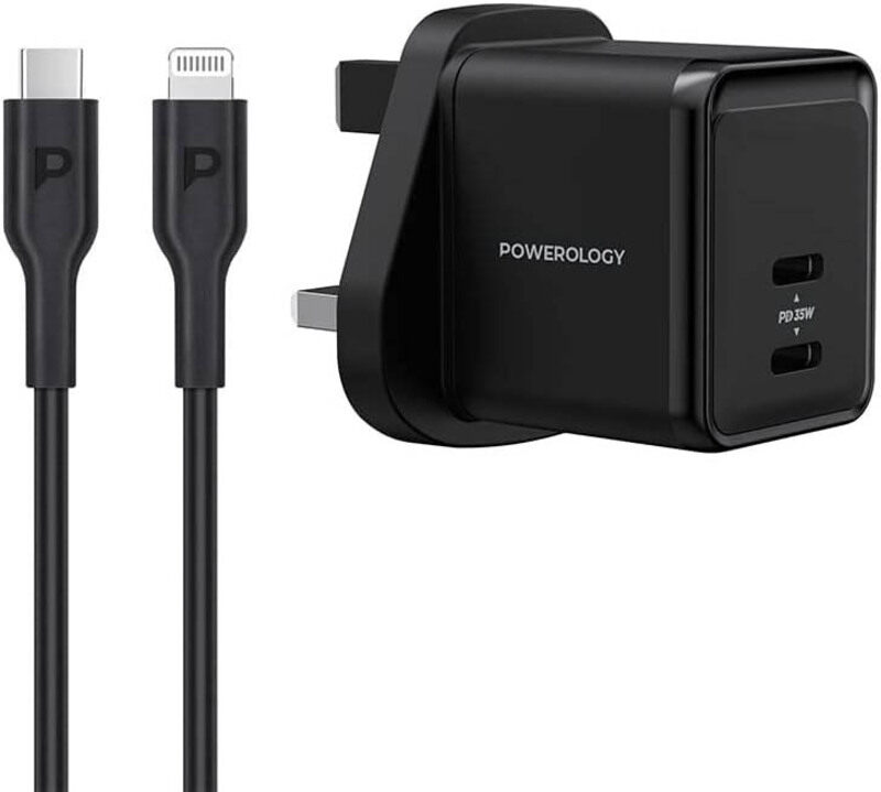 

Powerology 1.2-Meters Wall Charger, Super Compact Gan with USB Type-C To Lightning Data and Charger Cable, Black