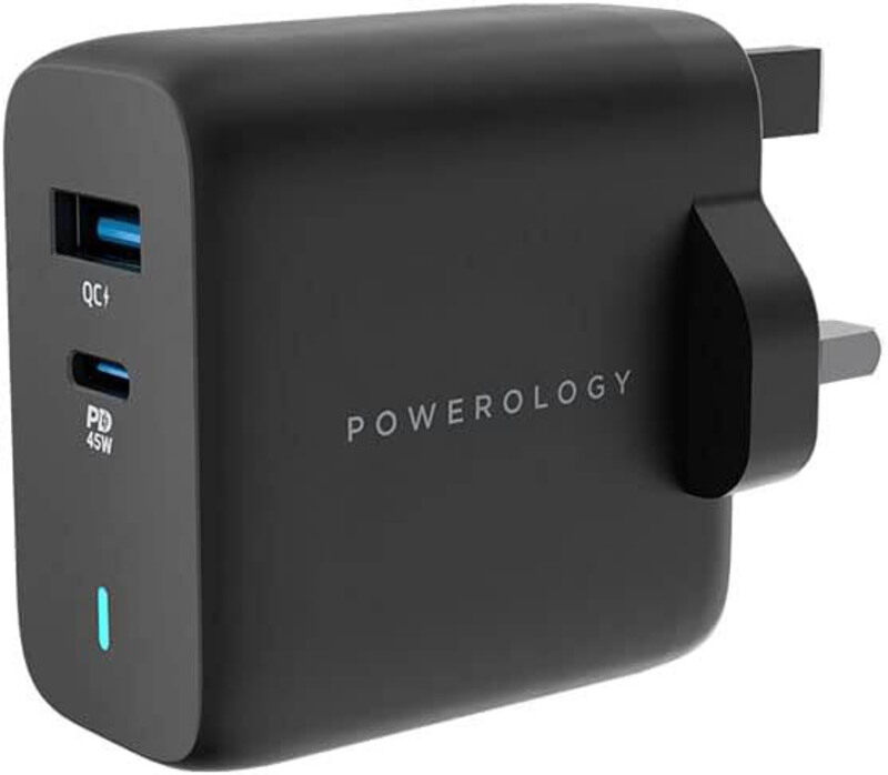 

Powerology Wall Charger, Ultra-Quick 45W, QC3.0 PD GaN with USB Type-C Charger, PWCUQC004, Black