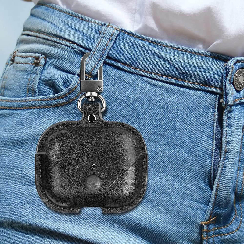 Focus Leather Protective Case with Carabiner Clip for Apple Airpods Pro 2 2nd Generation, Black