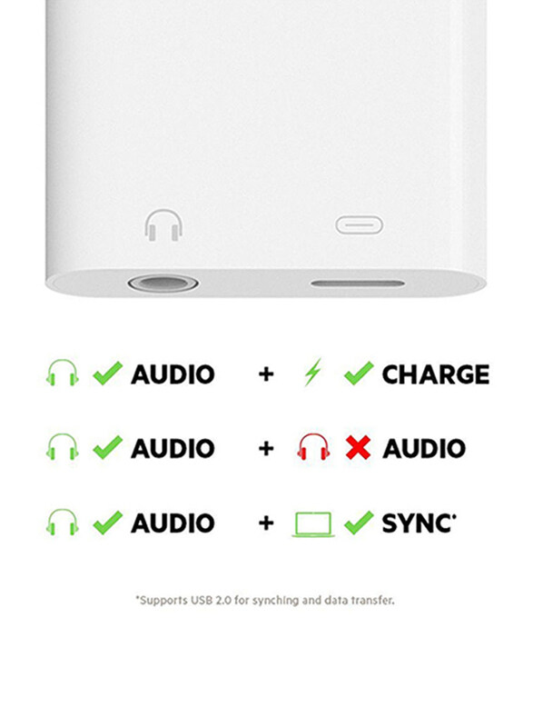 Belkin 2-in-1 3.5 mm Audio + Charge Adapter, Lightning Male to 3.5 mm Jack/Lightning for Apple Devices, White