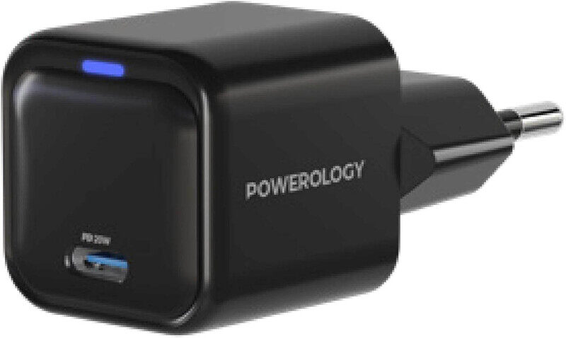 

Powerology UK Wall Charger, Ultra-Compact Type-C 20W Gan Power Delivery Charger, Black