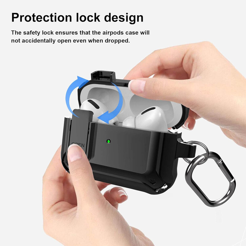 Focus Shockproof Rugged Shell Case with Lock Lid for Apple AirPods Pro, Black