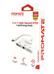 Promate Media Bridge-I 3-in-1 Lightning OTG Adapter, Lightning Male to Lightning/USB Female OTG/3.5mm Jack for Apple Devices, White