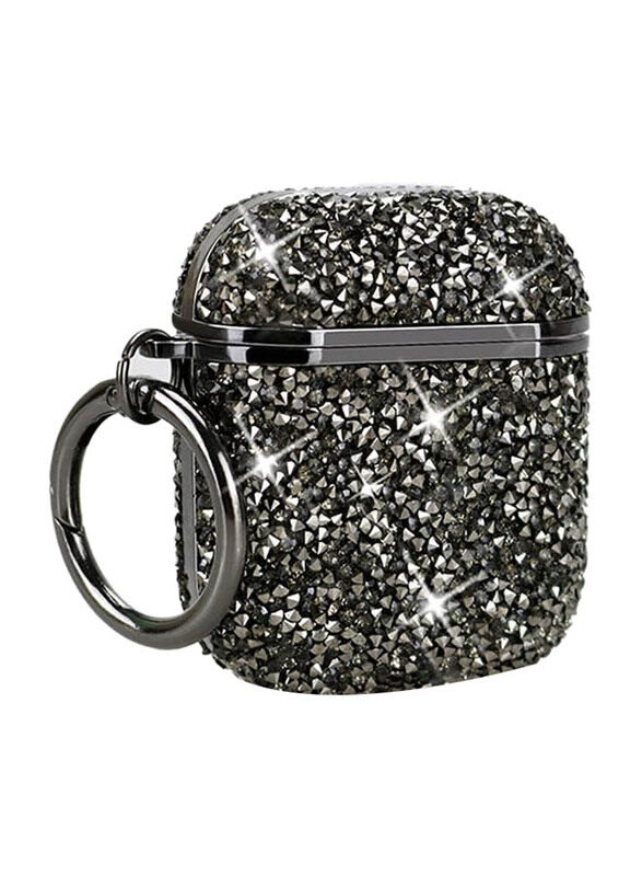 

Generic Crystal Protective Wireless Charging Bling Glitter Drop Proof Protection Case Cover with Keychain and Cute Twist for Apple Airpod 1/2, Black