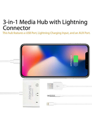 Promate Media Bridge-I 3-in-1 Lightning OTG Adapter, Lightning Male to Lightning/USB Female OTG/3.5mm Jack for Apple Devices, White