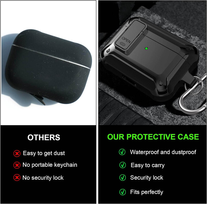 Focus Shockproof Rugged Shell Case with Lock Lid for Apple AirPods Pro, Black