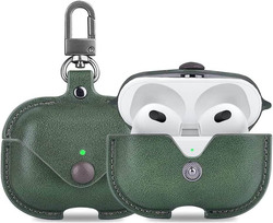 Focus Genuine Leather Case with Keychain Hook for Apple AirPods Pro, Green