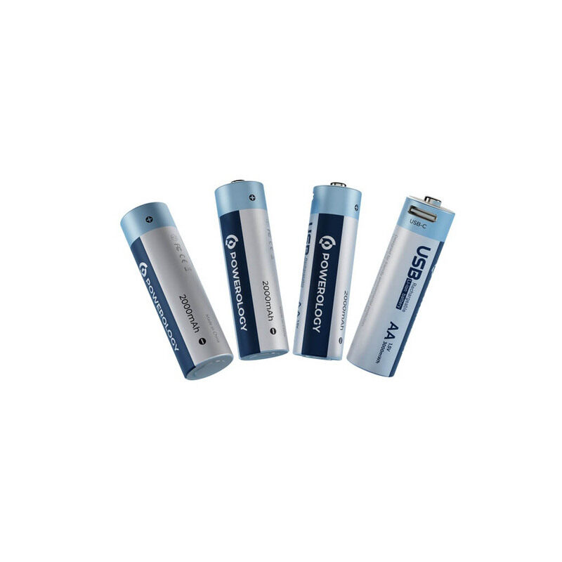 

Powerology USB-C Rechargeable Lithium-Ion AA Battery, 4 Pieces, Blue